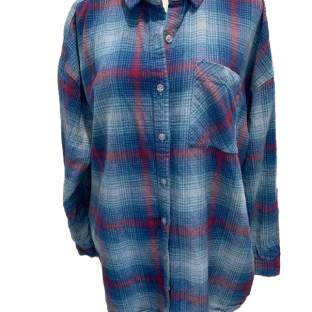 BP Flannel feel Shirt Blue Plaid, front open pocket, soft cotton/rayon, size med